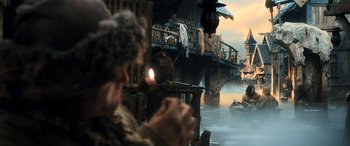 Movie still from “The Hobbit: The Desolation of Smaug” (2013), directed by Peter Jackson – Wide shot, Low angle