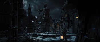 Movie still from “The Hobbit: The Desolation of Smaug” (2013), directed by Peter Jackson – Wide shot, Low angle