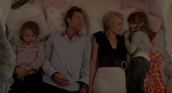 Movie still from “The Holiday” (2006), directed by Nancy Meyers – A man and woman sitting next to each other on a bed; Medium shot, Overhead angle