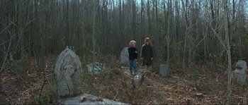 Movie still from “The House by the Cemetery” (1981), directed by Lucio Fulci – Two children are standing in a wooded area; Wide shot, High angle