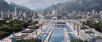 Movie still from “The Hunger Games” (2012), directed by Gary Ross – An image of a city with a lot of people in it; Extreme Wide shot, High angle