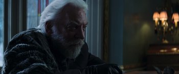 Movie still from “The Hunger Games: Catching Fire” (2013), directed by Francis Lawrence – An older man with white hair and a white beard; Close Up shot, Over the shoulder angle