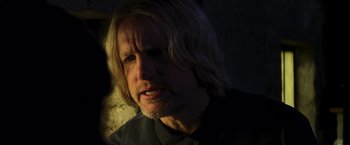 Movie still from “The Hunger Games: Catching Fire” (2013), directed by Francis Lawrence – A person with long blonde hair; Close Up shot, Over the shoulder angle