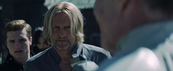 Movie still from “The Hunger Games: Catching Fire” (2013), directed by Francis Lawrence – A person with long blond hair; Close Up shot, Over the shoulder angle