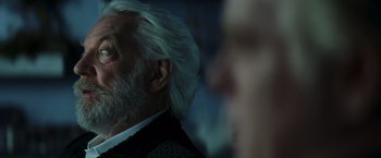 Movie still from “The Hunger Games: Catching Fire” (2013), directed by Francis Lawrence – An older man with white hair and a gray beard; Close Up shot, Over the shoulder angle