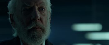 Movie still from “The Hunger Games: Catching Fire” (2013), directed by Francis Lawrence – An old man with a beard is looking at the camera; Close Up shot, Low angle