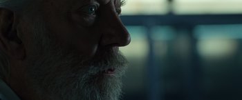 Movie still from “The Hunger Games: Catching Fire” (2013), directed by Francis Lawrence – An old man with a beard and a mustache; Close Up shot, Over the shoulder angle
