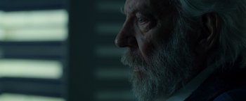 Movie still from “The Hunger Games: Catching Fire” (2013), directed by Francis Lawrence – An old man with a beard looking into the distance; Extreme Close Up shot, Over the shoulder angle