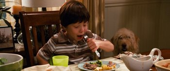 Movie still from “Diary of a Wimpy Kid: Dog Days” (2012), directed by David Bowers – A young boy eating a meal at a table; Medium shot, High angle