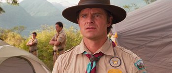 Movie still from “Diary of a Wimpy Kid: Dog Days” (2012), directed by David Bowers – A man wearing a hat and a tie; Close Up shot, Over the shoulder angle