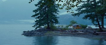 Movie still from “Diary of a Wimpy Kid: Dog Days” (2012), directed by David Bowers – A large tree next to a body of water; Extreme Wide shot, High angle