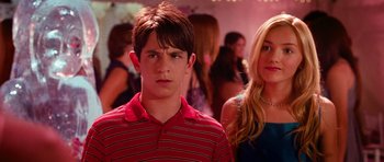 Movie still from “Diary of a Wimpy Kid: Dog Days” (2012), directed by David Bowers – A boy and a girl standing next to each other in a room; Close Up shot, Over the shoulder angle