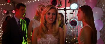 Movie still from “Diary of a Wimpy Kid: Dog Days” (2012), directed by David Bowers – A beautiful young lady smiling for the camera while standing next to two other women; Close Up shot, Over the shoulder angle