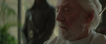Movie still from “The Hunger Games: Mockingjay - Part 1” (2014), directed by Francis Lawrence – An old man with a beard looking at the camera; Close Up shot, Over the shoulder angle