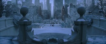 Movie still from “The Hunger Games: Mockingjay - Part 2” (2015), directed by Francis Lawrence – An image of a city with a lot of snow on the ground; Extreme Wide shot, High angle
