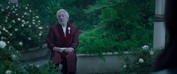Movie still from “The Hunger Games: Mockingjay - Part 2” (2015), directed by Francis Lawrence – An older man sitting on a bench in a garden; Medium shot, Over the shoulder angle