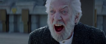 Movie still from “The Hunger Games: Mockingjay - Part 2” (2015), directed by Francis Lawrence – An old man with white hair and a white beard; Close Up shot, Over the shoulder angle