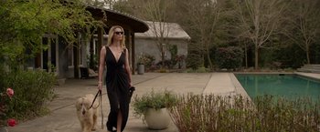 Movie still from “The Hunt” (2020), directed by Craig Zobel – A woman in a black dress walking a dog; Wide shot, Low angle