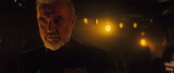 Movie still from “The Hunt for Red October” (1990), directed by John McTiernan – An older man with a beard wearing a military uniform; Close Up shot, Low angle