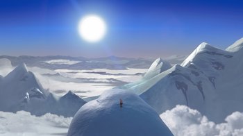 Movie still from “The Ice Age Adventures of Buck Wild” (2022), directed by John C. Donkin – A person standing on top of a snow covered hill; Extreme Wide shot, Low angle