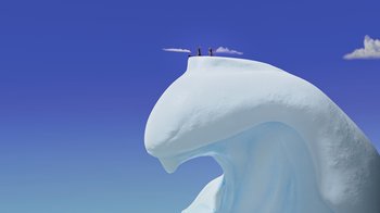 Movie still from “The Ice Age Adventures of Buck Wild” (2022), directed by John C. Donkin – Two people standing on top of a large snow covered hill; Extreme Wide shot, Low angle