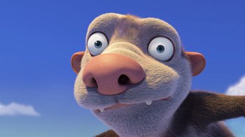 Movie still from “The Ice Age Adventures of Buck Wild” (2022), directed by John C. Donkin – An animal with a big nose is looking at the camera; Close Up shot, High angle