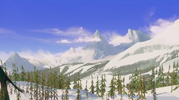 Movie still from “The Ice Age Adventures of Buck Wild” (2022), directed by John C. Donkin – A painting of a snowy mountain with trees in the foreground; Extreme Wide shot, High angle