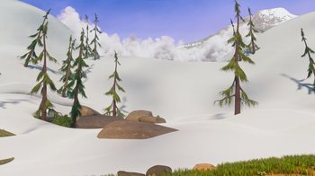 Movie still from “The Ice Age Adventures of Buck Wild” (2022), directed by John C. Donkin – An illustration of trees and rocks in the snow; Extreme Wide shot, High angle