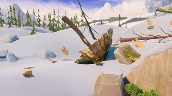 Movie still from “The Ice Age Adventures of Buck Wild” (2022), directed by John C. Donkin – An image of an animated scene with a tree in the middle of the snow; Extreme Wide shot, High angle