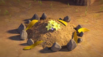 Movie still from “The Ice Age Adventures of Buck Wild” (2022), directed by John C. Donkin – A pile of dirt on the ground with yellow flowers on it; Extreme Close Up shot, High angle