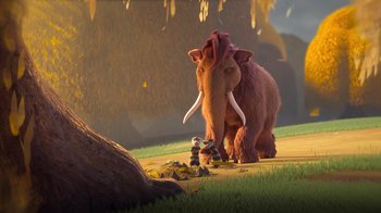Movie still from “The Ice Age Adventures of Buck Wild” (2022), directed by John C. Donkin – An ice age character walking in the grass; Wide shot, Over the shoulder angle