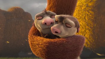 Movie still from “The Ice Age Adventures of Buck Wild” (2022), directed by John C. Donkin – A couple of animals that are in a hug; Close Up shot, High angle