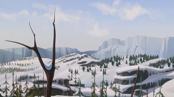Movie still from “The Ice Age Adventures of Buck Wild” (2022), directed by John C. Donkin – An illustration of a snowy landscape with trees and mountains; Extreme Wide shot, High angle