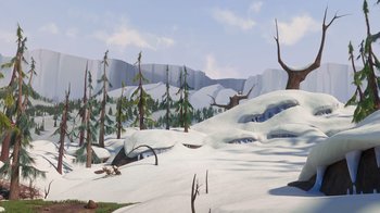 Movie still from “The Ice Age Adventures of Buck Wild” (2022), directed by John C. Donkin – An illustration of trees and snow in a snowy landscape; Extreme Wide shot, High angle