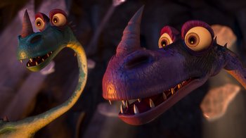 Movie still from “The Ice Age Adventures of Buck Wild” (2022), directed by John C. Donkin – View of a dragon's head and a lizard's head; Extreme Close Up shot, Overhead angle
