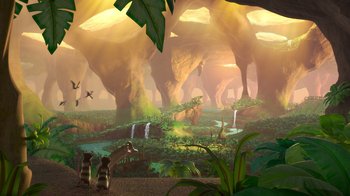 Movie still from “The Ice Age Adventures of Buck Wild” (2022), directed by John C. Donkin – An image of an animated scene with a lot of trees; Extreme Wide shot, High angle