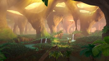 Movie still from “The Ice Age Adventures of Buck Wild” (2022), directed by John C. Donkin – An image of an image of an image of an image of an image of an image of an image of an image of an image of an image; Extreme Wide shot, High angle