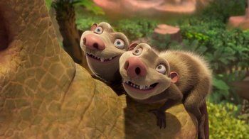 Movie still from “The Ice Age Adventures of Buck Wild” (2022), directed by John C. Donkin – A couple of animals that are standing in the dirt; Medium shot, Low angle