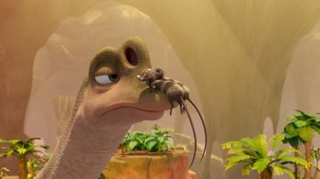 Movie still from “The Ice Age Adventures of Buck Wild” (2022), directed by John C. Donkin – An elephant and a mouse are in a garden; Close Up shot, High angle