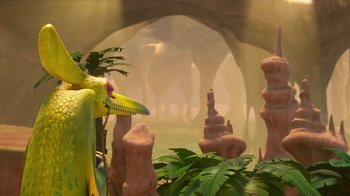 Movie still from “The Ice Age Adventures of Buck Wild” (2022), directed by John C. Donkin – An image of an animated scene with a plant in the foreground; Wide shot, Over the shoulder angle