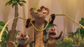 Movie still from “The Ice Age Adventures of Buck Wild” (2022), directed by John C. Donkin – A group of three monkeys standing next to each other in a forest; Medium shot, Low angle