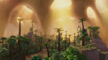 Movie still from “The Ice Age Adventures of Buck Wild” (2022), directed by John C. Donkin – An image of a jungle setting in the middle of the day; Extreme Wide shot, High angle