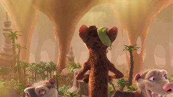 Movie still from “The Ice Age Adventures of Buck Wild” (2022), directed by John C. Donkin – A scene of a character in a jungle setting; Wide shot, Low angle