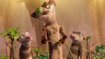 Movie still from “The Ice Age Adventures of Buck Wild” (2022), directed by John C. Donkin – A group of three animals standing next to each other; Medium shot, Low angle