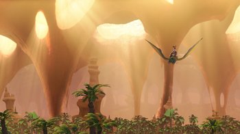 Movie still from “The Ice Age Adventures of Buck Wild” (2022), directed by John C. Donkin – An image of an animated scene with a bird flying over the trees; Extreme Wide shot, High angle