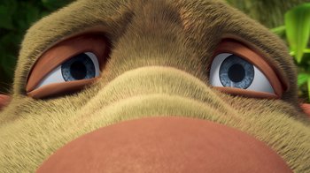 Movie still from “The Ice Age Adventures of Buck Wild” (2022), directed by John C. Donkin – View of the eyes and nose of an animal; Extreme Close Up shot, High angle