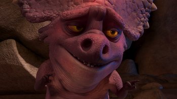 Movie still from “The Ice Age Adventures of Buck Wild” (2022), directed by John C. Donkin – The head and face of a dragon; Close Up shot, High angle