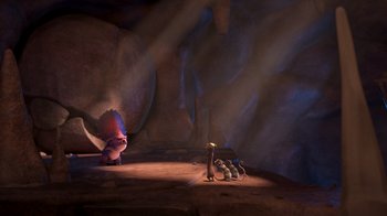 Movie still from “The Ice Age Adventures of Buck Wild” (2022), directed by John C. Donkin – A group of birds sitting on top of a rock pile; Wide shot, High angle