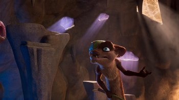 Movie still from “The Ice Age Adventures of Buck Wild” (2022), directed by John C. Donkin – A stuffed animal in a cave with light rays coming through the window; Medium shot, High angle