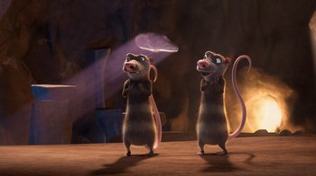 Movie still from “The Ice Age Adventures of Buck Wild” (2022), directed by John C. Donkin – A couple of mice standing next to each other; Medium shot, Low angle